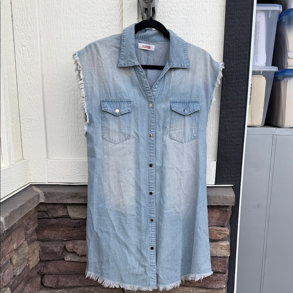 Mazik Light Blue Denim Sleeveless Shirt Dress